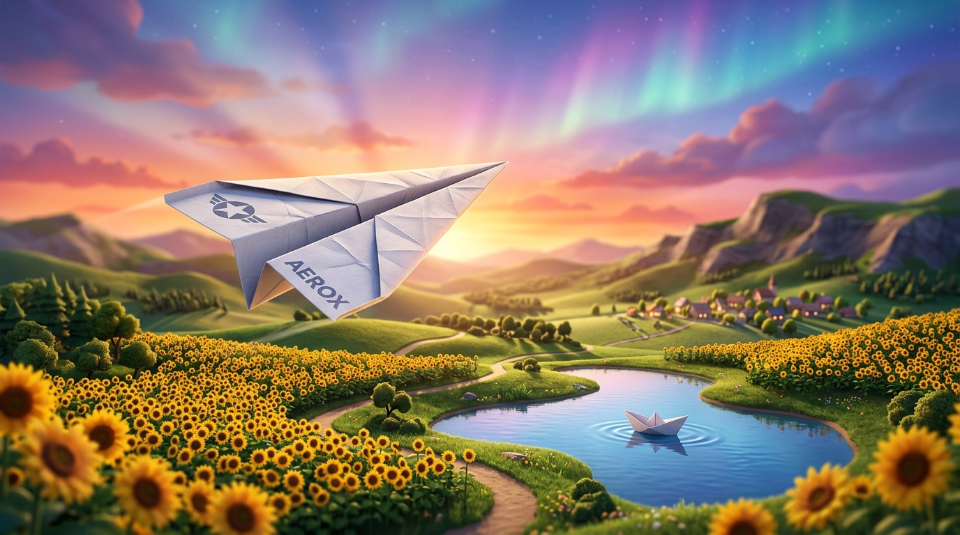 3D Paper Airplane soaring over vibrant sunflower fields and blue ponds in AEROX