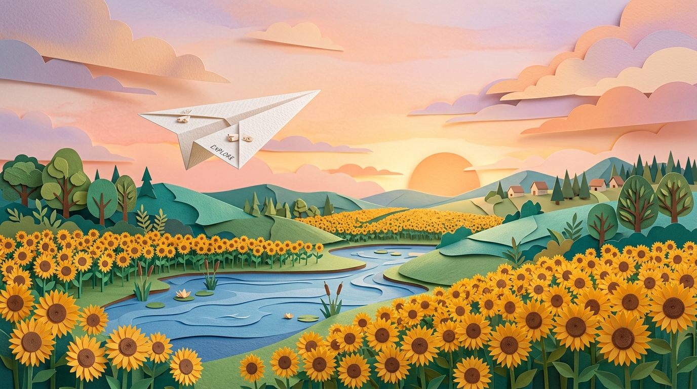 Origami Paper Airplane soaring over sunflower field and blue rivers