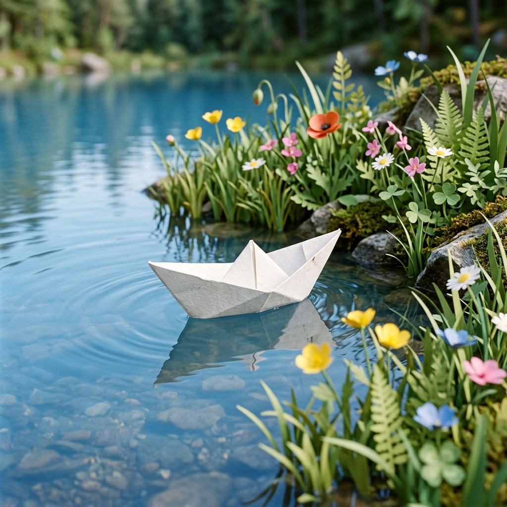 Folded paper boat floating on serene blue pond