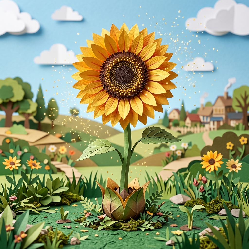 Golden sunflower monument blooming from paper seed